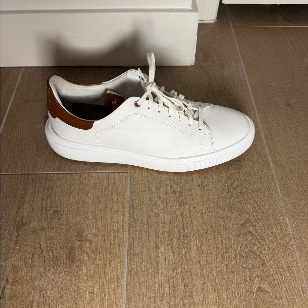 White Leather Low-Top Sneakers with Brown Leather Accents - Picture 5 of 11